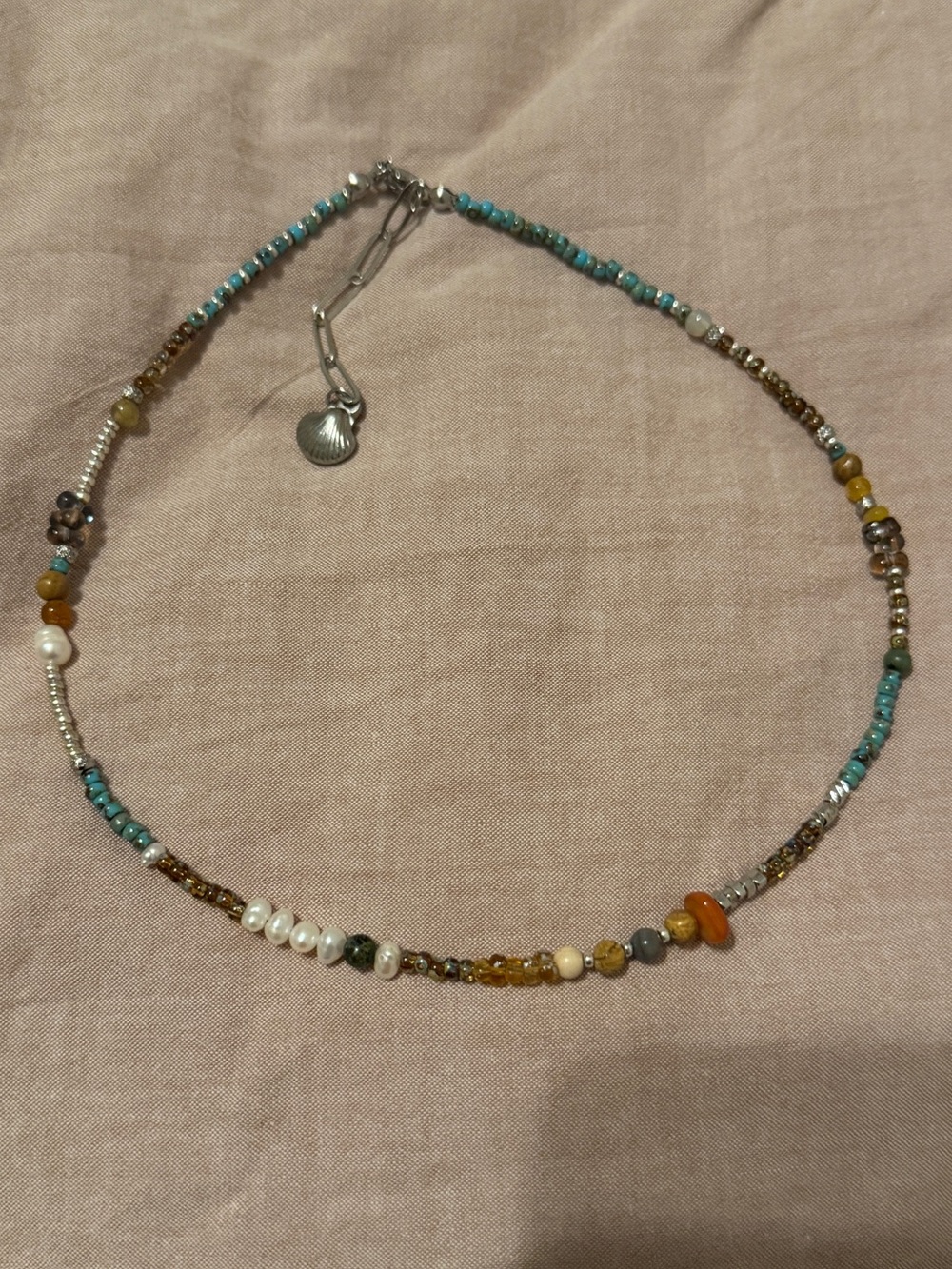 Boho Multicolor Beaded Necklace Turquoise Pearl Shell Charm Silver Tone